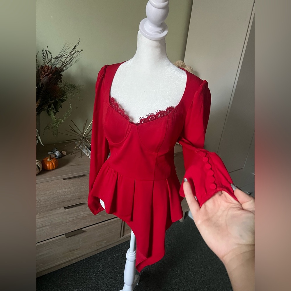 SELF PORTRAIT Red Crepe Peplum Corset Bustier Top Shirt Long-Sleeve Formal Sz 8 - Picture 10 of 16
